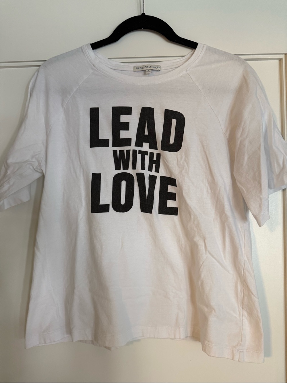 Rebecca Minkoff White Tee with Black "LEAD WITH LOVE" Graphic